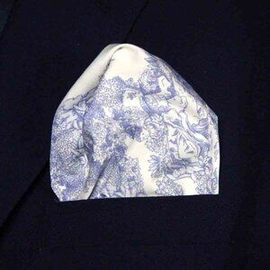 NEW Hand Stitched Toile de Jouy Pattern Pocket Square Blue White Cotton Men's